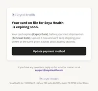 Seya Health email: payment card expiring