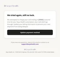 Seya Health email: payment failed charge 2
