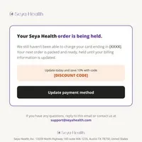 Seya Health email: payment failed charge 3