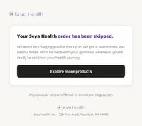 Seya Health email: payment skip confirmation