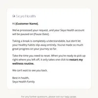 Seya Health email: payment pause confirmation