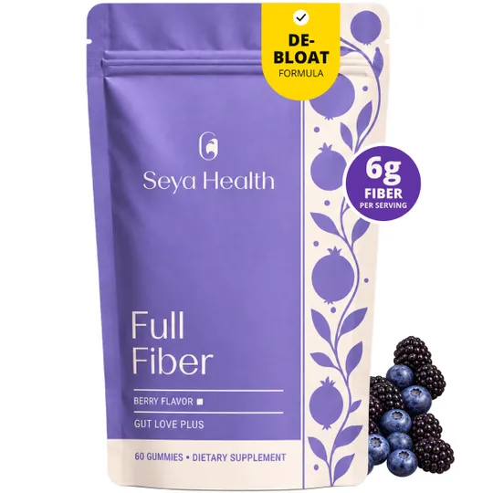 Seya Health Full Fiber pouch with berries, a de-bloat badge and 6g fiber per serving