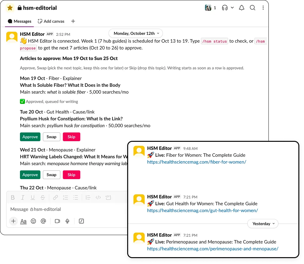 Slack channel where the HSM Editor bot proposes the week's articles with Approve, Swap and Skip buttons, then posts each one live with its link