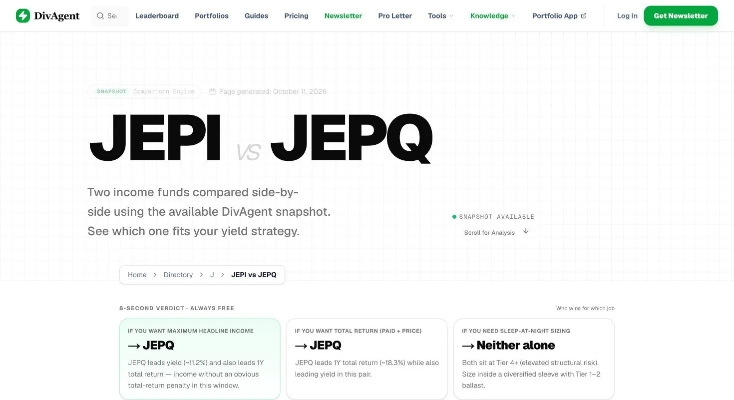 The JEPI vs JEPQ comparison page, one of DivAgent's top-ranking pages