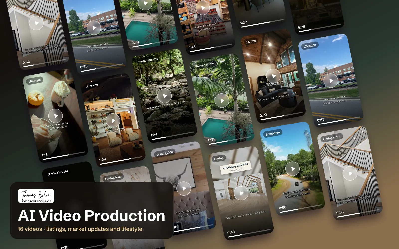Thomas Echea AI video production: a wall of 16 short videos covering listings, market updates and lifestyle