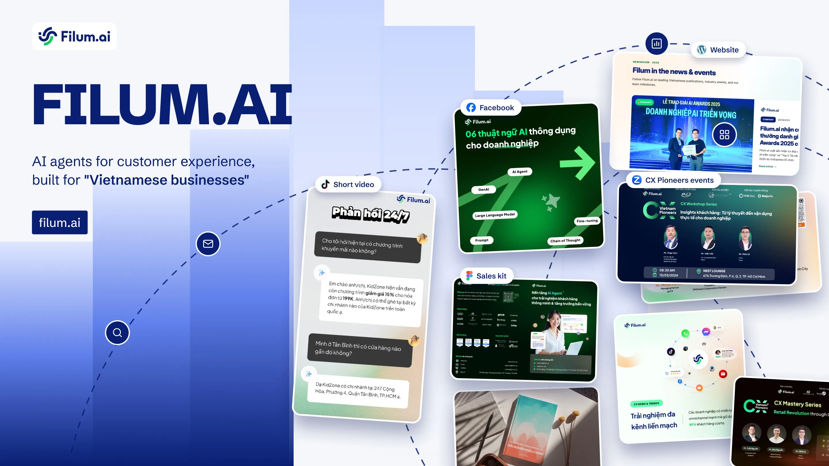 Filum.ai's work in one picture: a short video, a Facebook post, the sales kit, the news and events page, Vietnam CX Pioneers event key visuals, social posts and ebooks, each marked with the platform it ran on