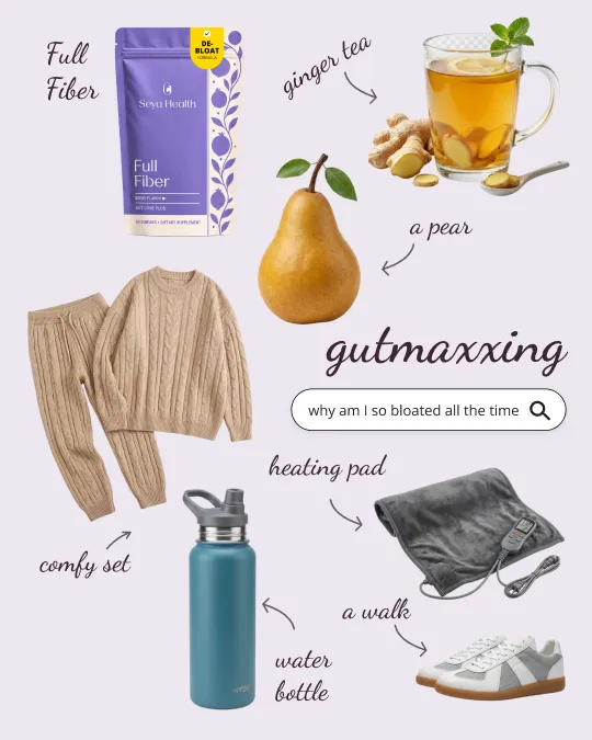 Gutmaxxing flatlay: the pouch with ginger tea, a pear, a heating pad and a water bottle