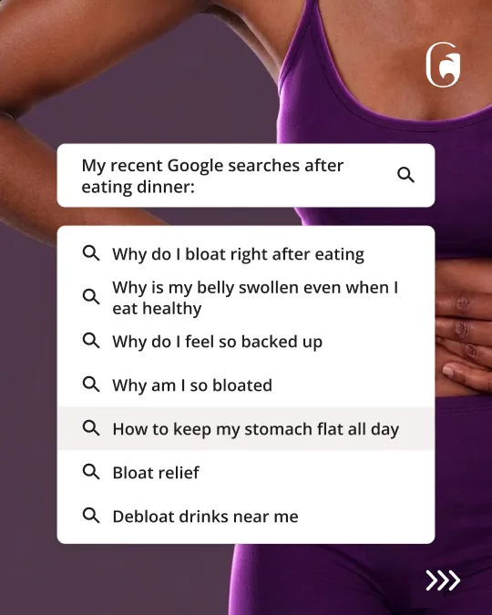 A search box of real late-night bloating questions over a woman in workout clothes
