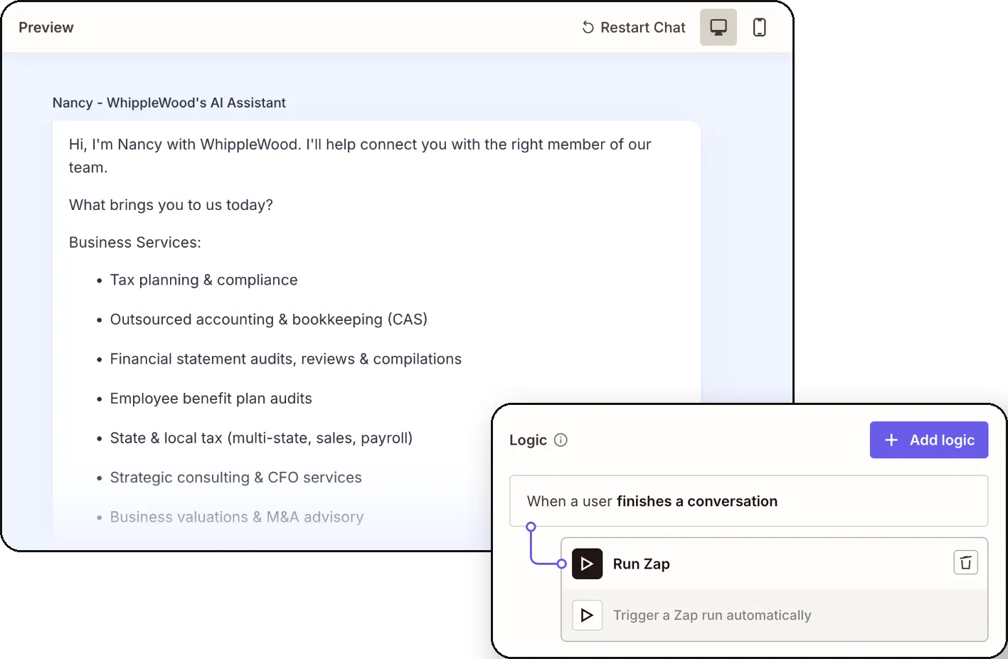 Zapier chatbot builder: Nancy, WhippleWood's AI assistant, greets a visitor and lists the firm's business and personal services, and the chatbot's logic runs a Zap when a visitor finishes a conversation