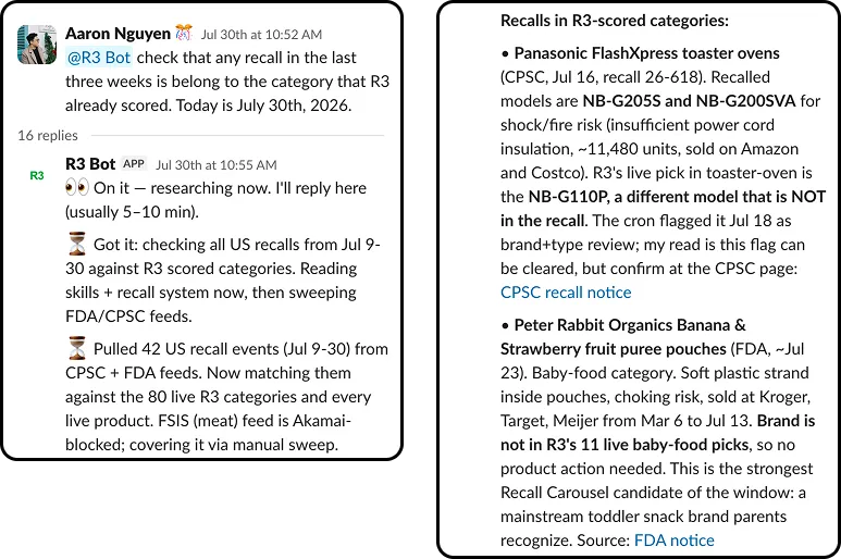 Slack thread where R3 Bot is asked to check new US recalls, pulls 42 recall events from official feeds, matches them against R3's scored categories and reports which ones affect live picks