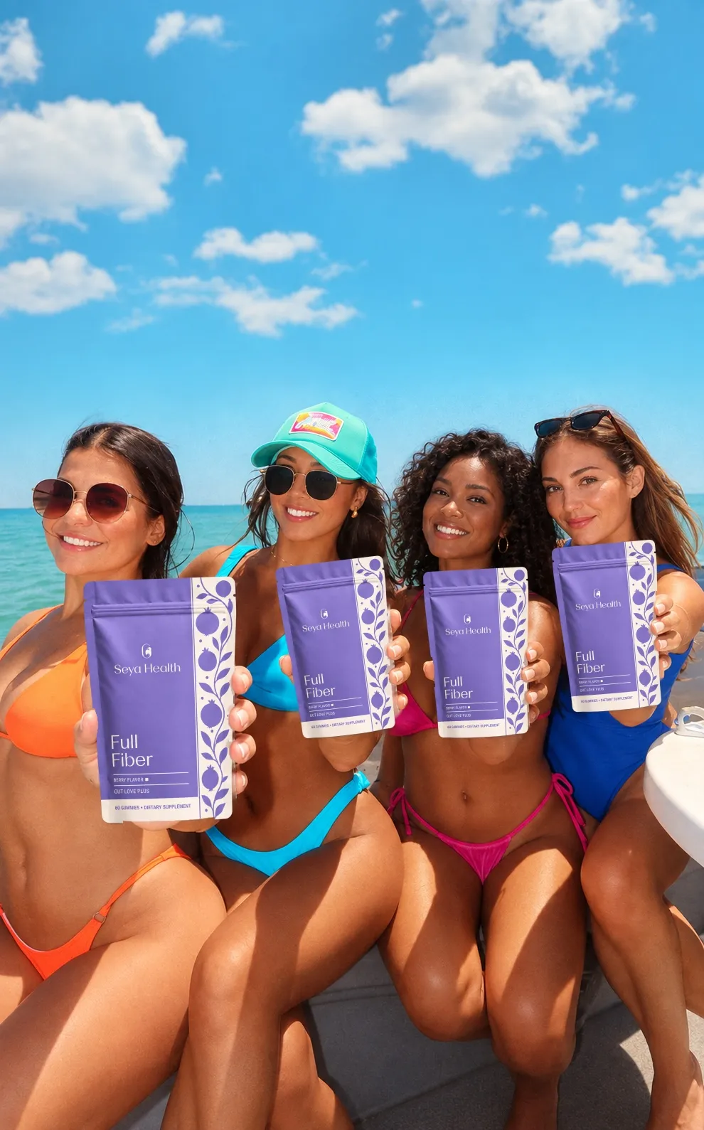 An AI-generated Seya Health lifestyle image: four friends in swimsuits on a sunny beach, each holding a pouch of Full Fiber gummies