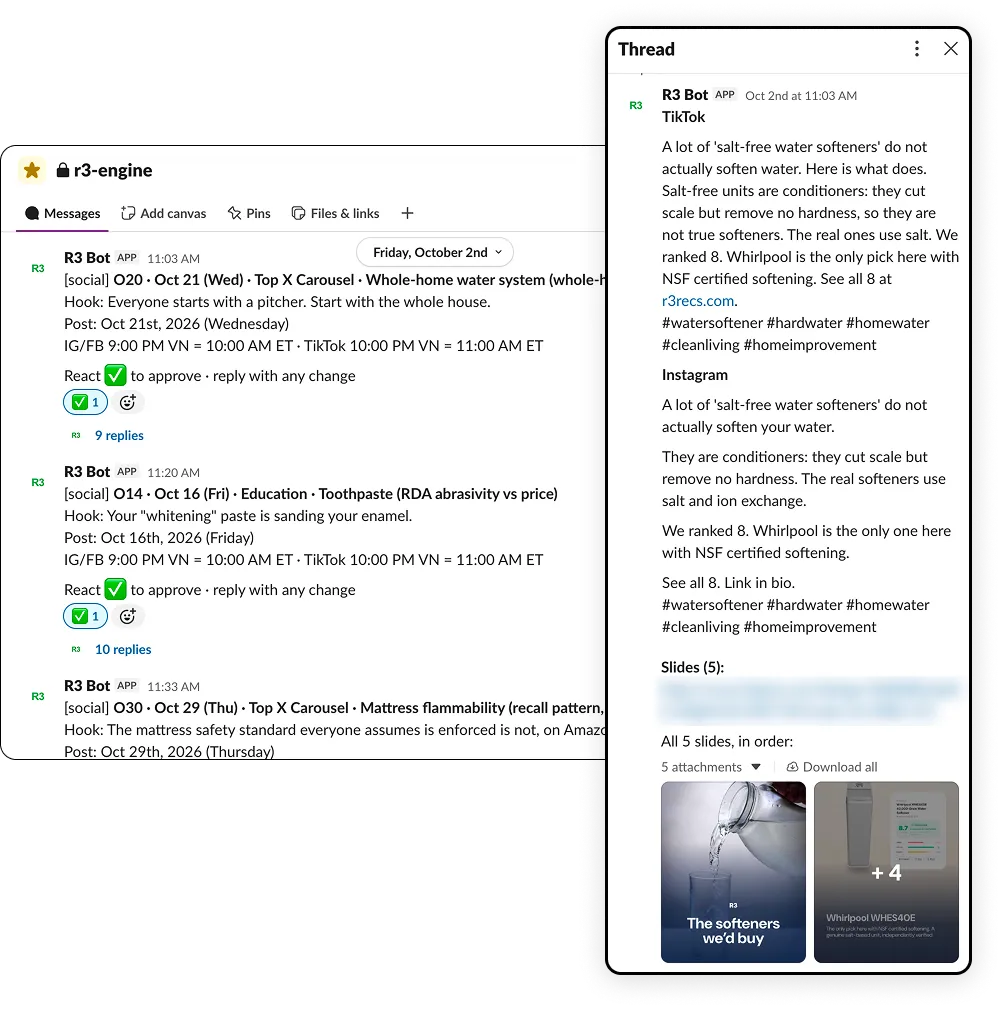 Slack channel where R3 Bot proposes each social post with its hook and schedule, a check mark approves it, and the thread holds the TikTok and Instagram copy with the carousel slides